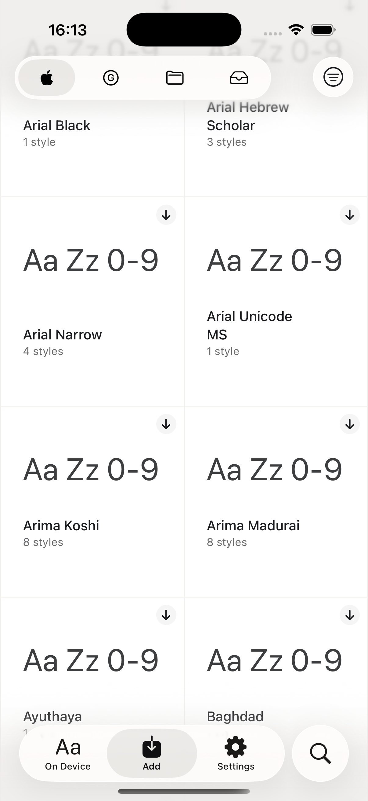 Screen of the additional fonts available from Apple