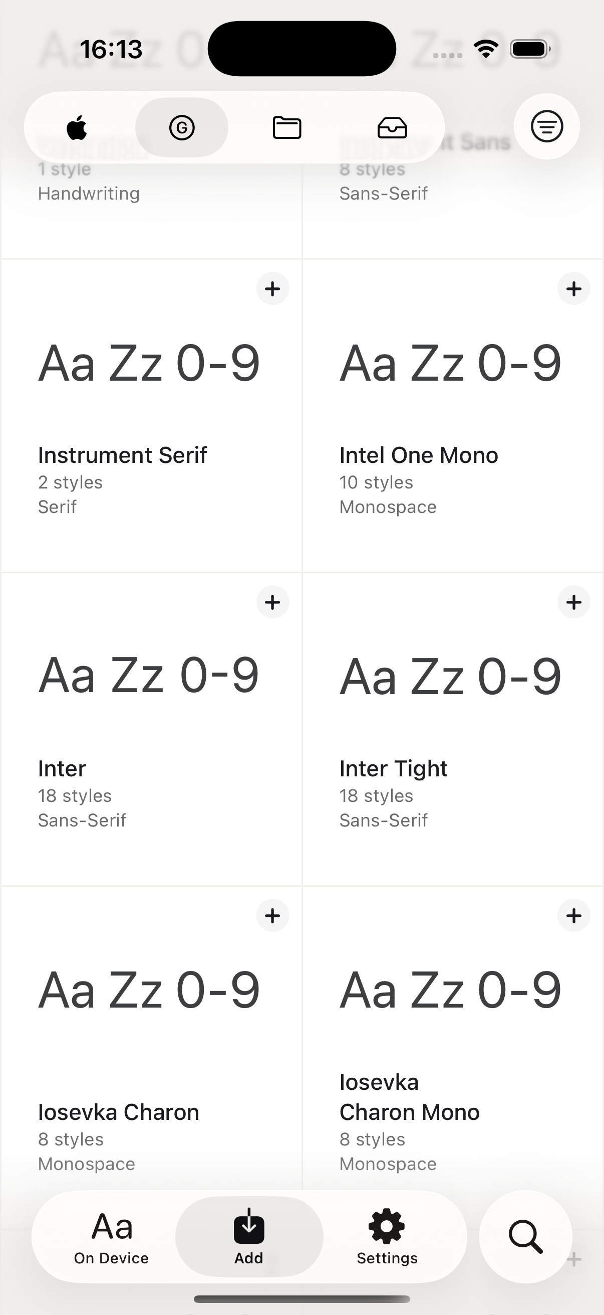 Screen of Google Fonts catalogue