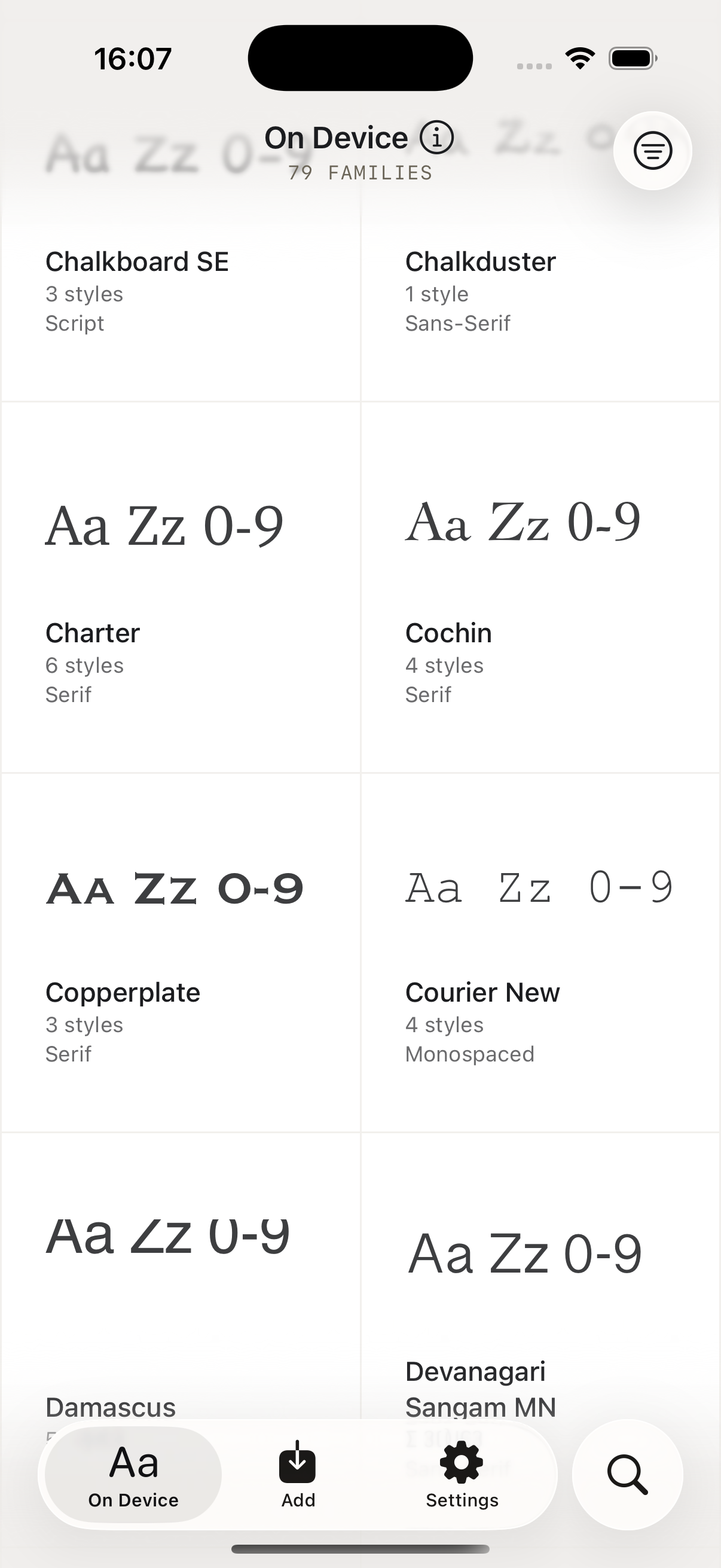 Screen of fonts installed on a device