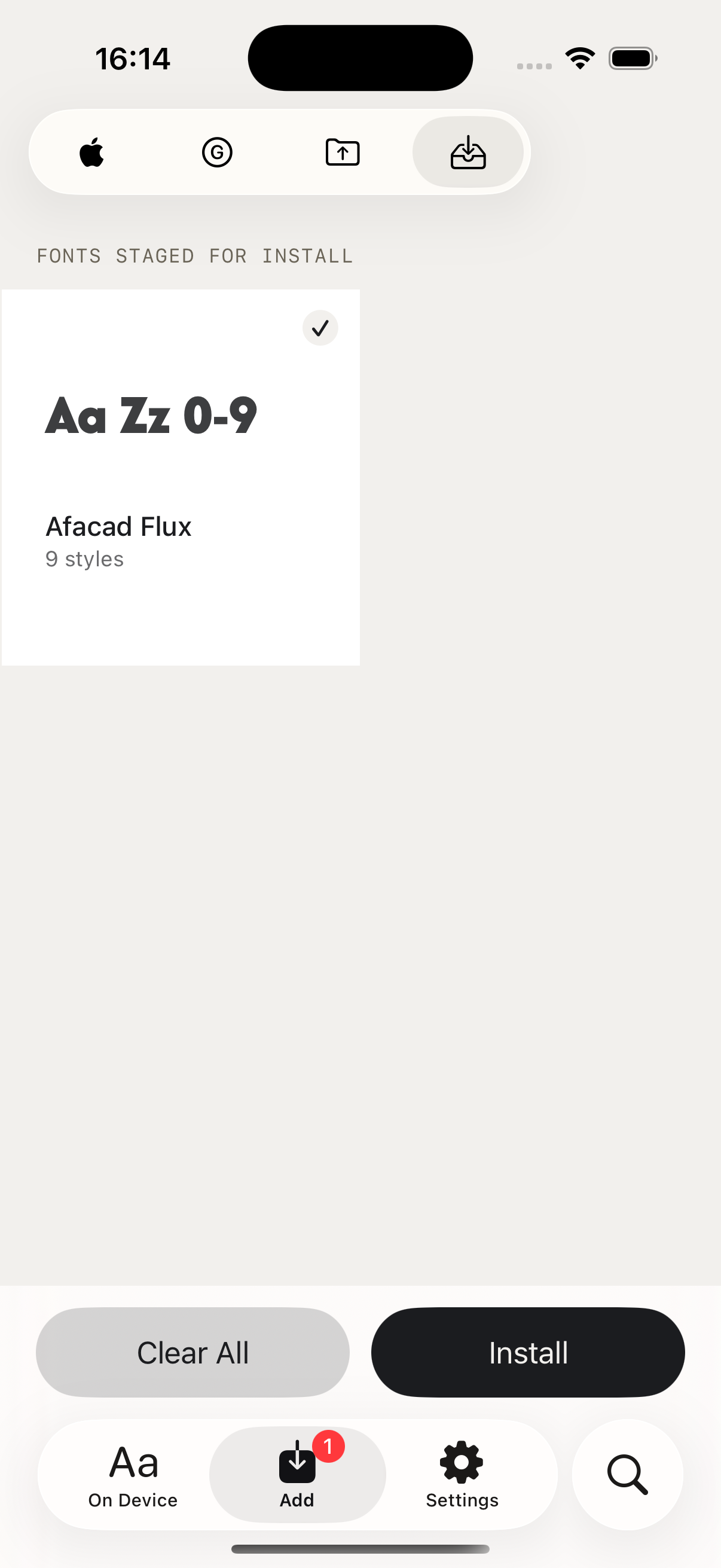 Screen of font installation on device