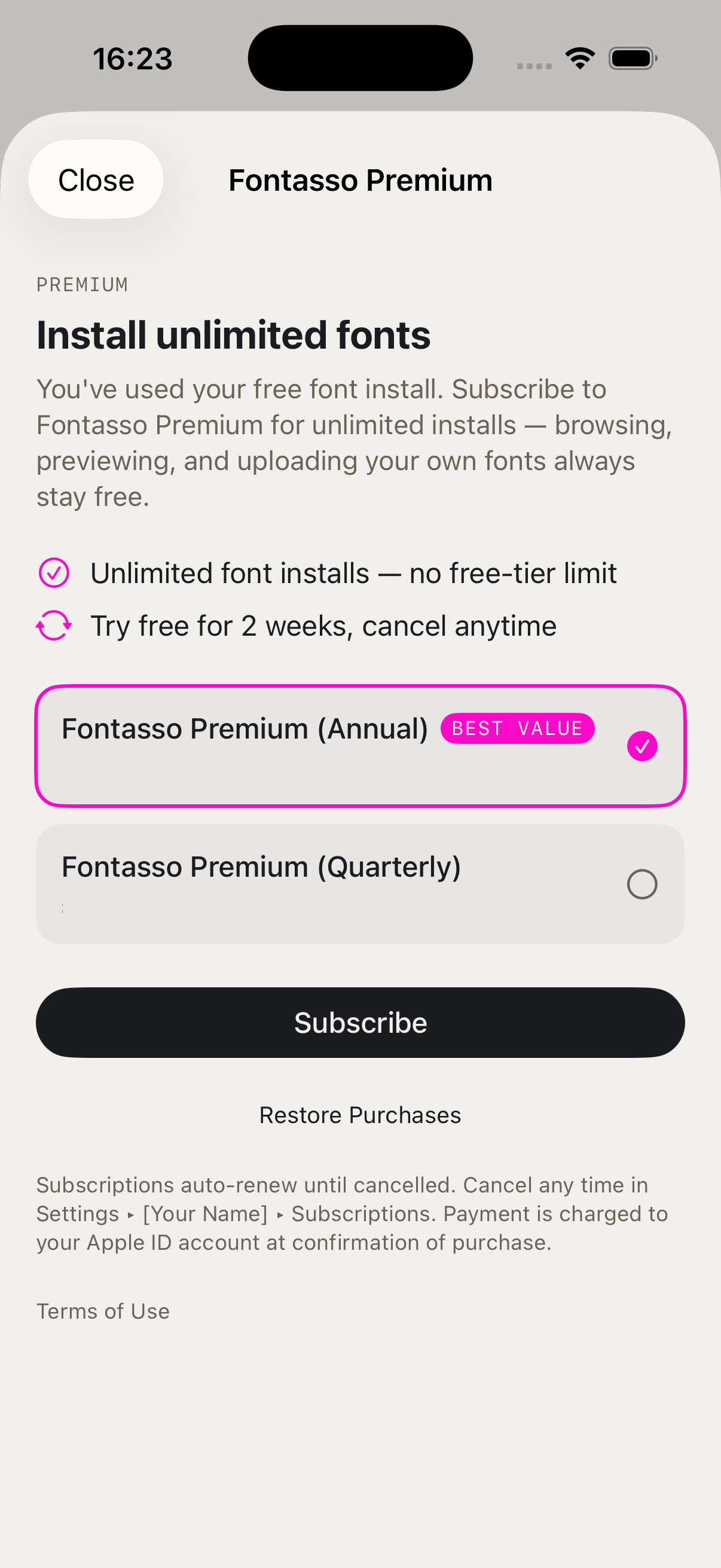 Screen of premium install functionality